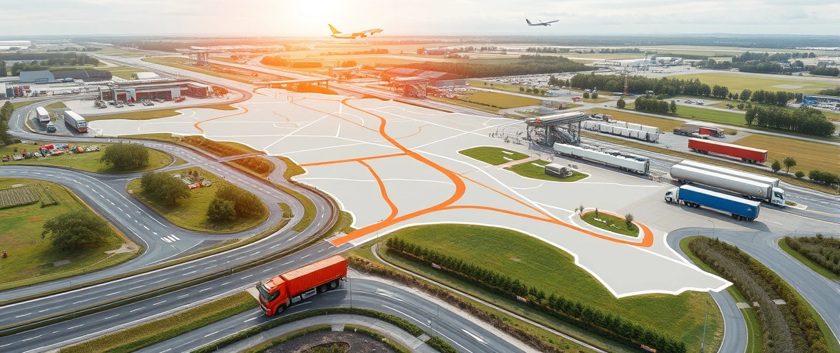 Ein dynamisches Bild zeigt eine Karte von Halle (Saale) mit vernetzten Autobahnen, Frachtflugzeugen am Flughafen und Logistikzentren, umgeben von Symbolen wie LKWs, Lagerhallen und Personen in Arbeitskleidung, die rege Aktivität symbolisieren. Die Szene unterstreicht die verkehrsgünstige Lage und moderne Infrastruktur der Region.