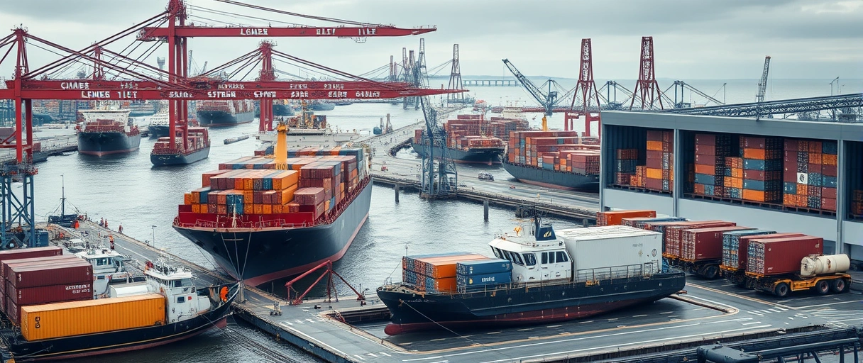 Ein dynamisches Hafenszenario mit Containerschiffen, Kränen und Lagerhallen im Hamburger Hafen, kombiniert mit modernen Bürokomplexen und Fachkräften in typischen Logistikumgebungen wie Besprechungsräumen oder Lagerhallen.