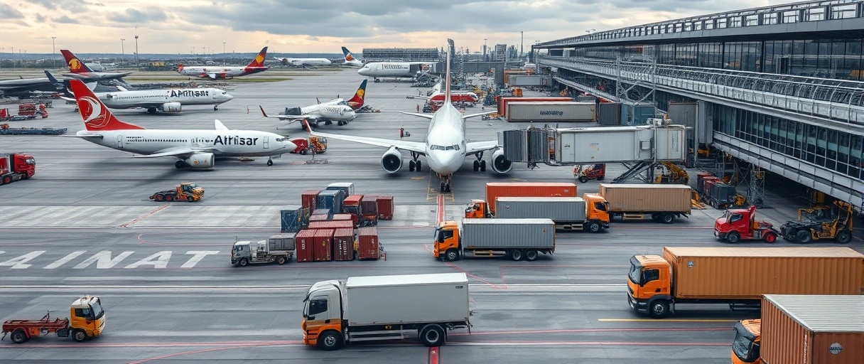 Ein dynamischer Blick auf den Hamburger Flughafen mit Frachtflugzeugen, Logistikmitarbeitern in Sicherheitswesten beim Be- und Entladen von Containern sowie Lkw und Gabelstaplern in Aktion. Die Szene zeigt rege Betriebsamkeit mit moderner Infrastruktur, die die Bedeutung als Luftfracht-Drehkreuz unterstreicht.