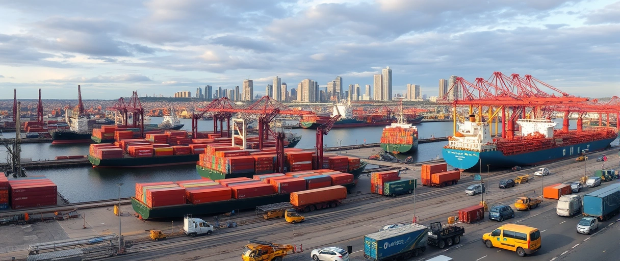 Ein Panorama des Hamburger Hafens mit Containerschiffen, Kränen und Lagerhallen, während Mitarbeiter in Sicherheitsausrüstung geschäftig arbeiten. Im Hintergrund ist die Skyline Hamburgs unter einem dynamischen Himmel zu sehen.