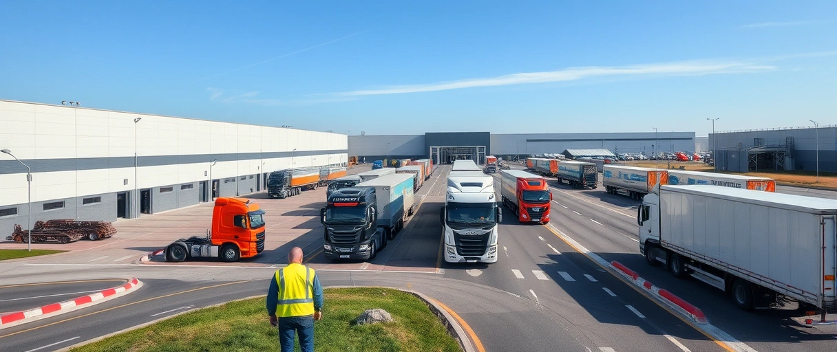 Ein modernes Logistikzentrum in Hamm mit Lagerhallen, LKWs auf nahen Autobahnen, Schienenverkehr und dem ikonischen Glaselefanten im Hintergrund. Mitarbeitende in Sicherheitswesten organisieren Warenströme zwischen Lastwagen und Verteilzentren unter blauem Himmel.