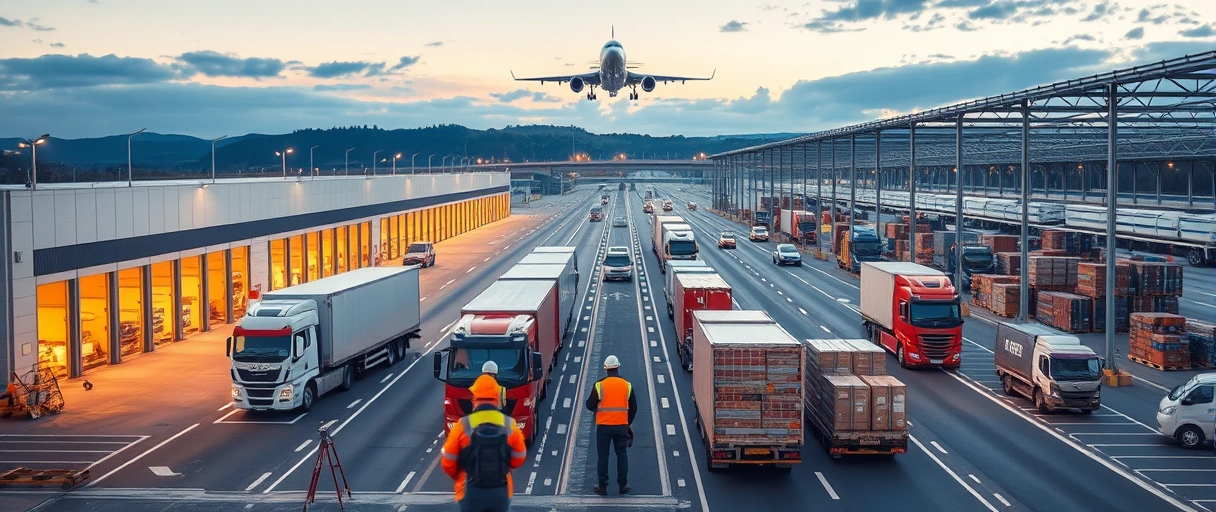 Ein modernes Logistikzentrum mit Lagerhallen und LKWs vor einer Autobahnkulisse, im Hintergrund ein Flugzeug am Himmel, umgeben von einem Netz aus Straßen und Schienen. Arbeiter in Sicherheitswesten laden Ware mit Gabelstaplern zwischen stapelbaren Paletten.