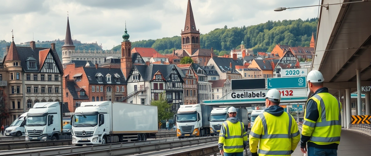 Ein Bild zeigt die Heidelberger Altstadt mit historischen Gebäuden im Hintergrund, während im Vordergrund moderne Logistikzentren, Lkw und Fachkräfte in Sicherheitswesten bei der Arbeit zu sehen sind. Die Szene verbindet traditionellen Charme mit dynamischer Industrie, umgeben von verkehrsgünstigen Autobahnanschlüssen.