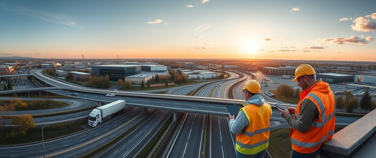 Ein Panorama der Stadt Heilbronn mit Autobahnkreuz, LKWs auf der Straße und dem Neckarhafen im Hintergrund, umgeben von modernen Lagerhallen und Kränen im Güterverkehrszentrum. Im Vordergrund arbeiten Menschen in Sicherheitswesten an Laderampen und mit Tablets in einem hochmodernen Logistiklager.