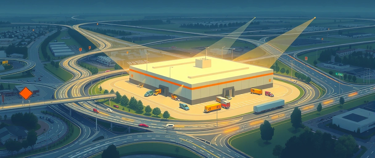 Ein illustriertes Stadtbild von Herne mit hervorgehobenen Autobahnnetzen und einer zentralen Lagerhalle, umgeben von Lastwagen und Arbeitern in Sicherheitswesten. Die dynamische Darstellung betont die verkehrsgünstige Lage und die lebhafte Logistikbranche im Ruhrgebiet.