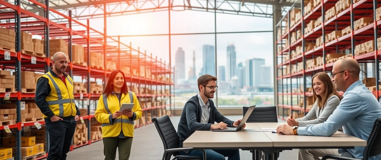 Ein Bild zeigt eine moderne Lagerhalle in Hessen mit Regalsystemen, Gabelstaplern und Mitarbeitern, die mit Tablets arbeiten, vor der Skyline Frankfurts im Hintergrund. Daneben ist ein Bewerbungsgespräch an einem Konferenztisch mit lächelnden Gesichtern zu sehen.