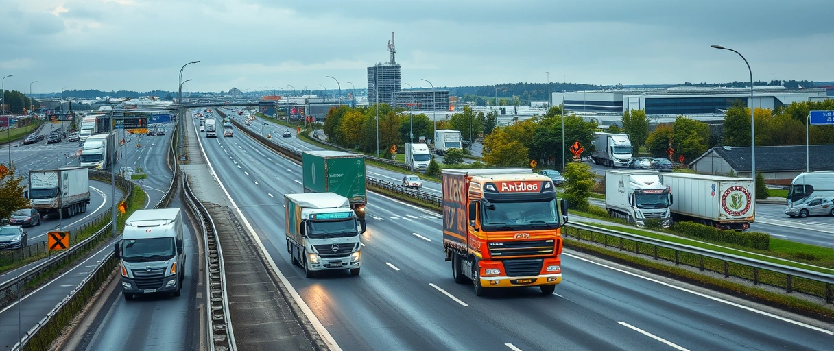 Ein Bild mit einer städtischen Kulisse von Hildesheim, umgeben von Logistikzentren, Lkw auf der nahen Autobahn A7 und modernen Lagerhallen. Im Vordergrund arbeiten Mitarbeiter in Sicherheitswesten an der Organisation von Warenlieferungen oder der Steuerung von Transportprozessen.