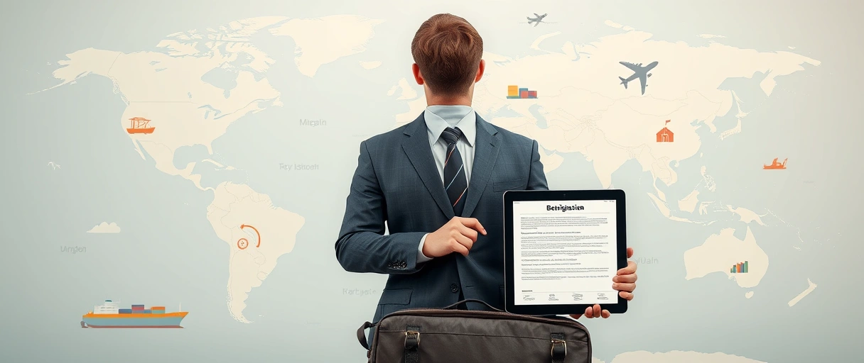 Eine Person in Businesskleidung steht vor einer Weltkarte mit hervorgehobenen Ländern, umgeben von Logistiksymbolen wie Containerschiffen, Flugzeugen und Lagerhallen. Im Vordergrund liegen ein geöffneter Koffer und ein Tablet, das eine Bewerbungsseite zeigt.