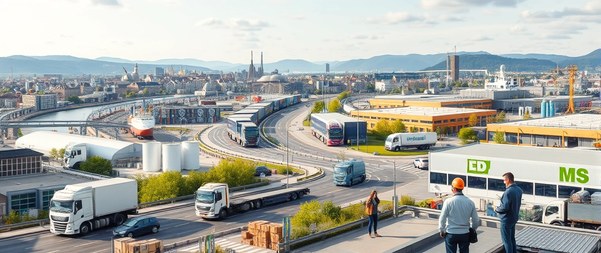 Ein dynamisches Stadtpanorama von Basel mit LKWs, Frachtschiffen auf dem Rhein und modernen Lagerhallen, umgeben von Symbolen der Pharma- und Chemieindustrie, während Fachkräfte in Arbeitskleidung Logistikprozesse koordinieren.