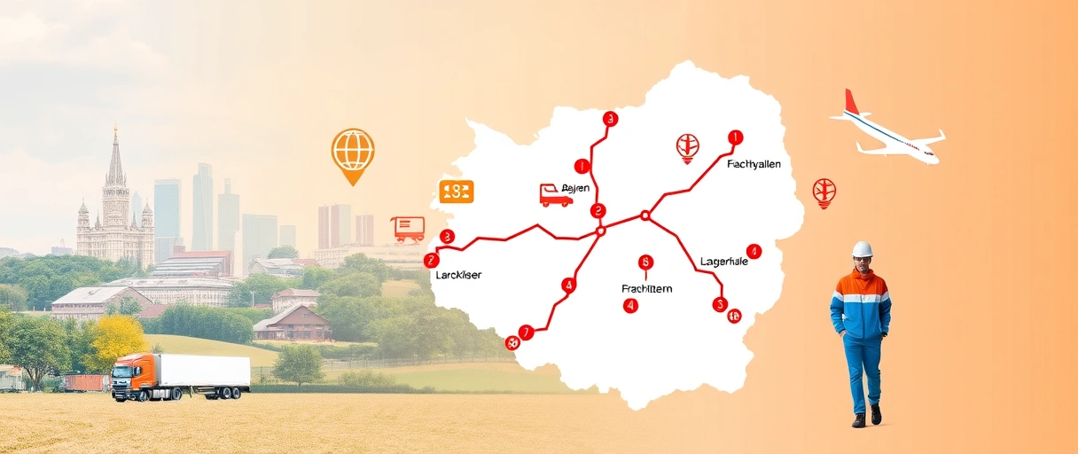 Ein Bild zeigt eine Karte Bayerns mit hervorgehobenen Verkehrsrouten, umgeben von Symbolen wie LKWs, Lagerhallen und Frachtflugzeugen. Im Hintergrund sind städtische Skyline-Elemente neben ländlichen Logistikzentren zu sehen, mit Personen in Arbeitskleidung, die Karrieremöglichkeiten symbolisieren.