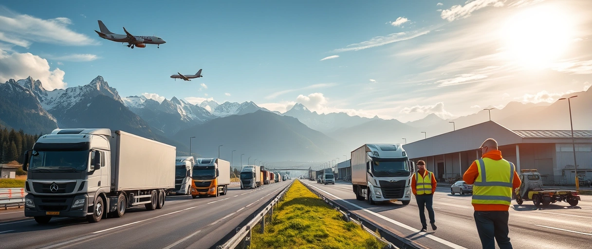 Ein dynamisches Bild mit Schweizer Bergpanorama im Hintergrund, davor moderne Logistikzentren, Lkws auf Autobahnen und Frachtflugzeuge am Flughafen. Mitarbeiter in Sicherheitswesten organisieren Ware in nachhaltigen Lagerhallen mit Solarpanels und E-Fahrzeugen.