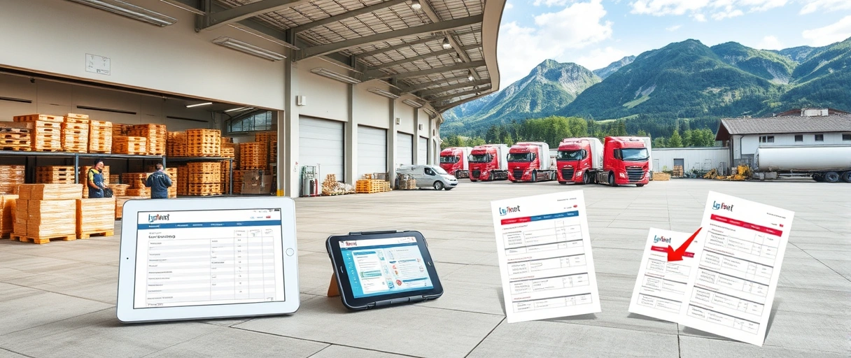 Ein Bild zeigt eine moderne Lagerhalle in Innsbruck mit Bergen im Hintergrund, wo Mitarbeiter in Sicherheitswesten Paletten organisieren und LKWs be- oder entladen. Im Vordergrund sind digitale Tablets und Checklisten zu sehen, die auf effiziente Logistikprozesse hinweisen.