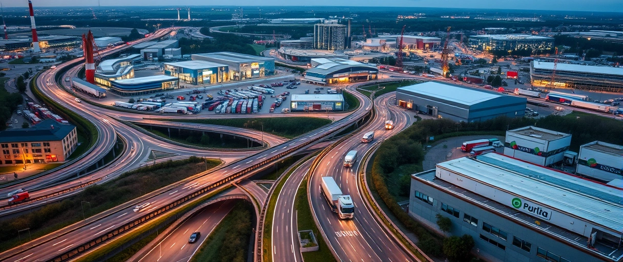 Ein Bild zeigt die Stadt Jena mit vernetzten Autobahnen, LKWs im Güterverkehr und modernen Lagerkomplexen, umgeben von Industriegebäuden, die eine lebhafte Logistikbranche symbolisieren. Im Vordergrund arbeiten Fachkräfte in Lagerhallen und planen Transportrouten, um die Karrierechancen in der Region zu unterstreichen.