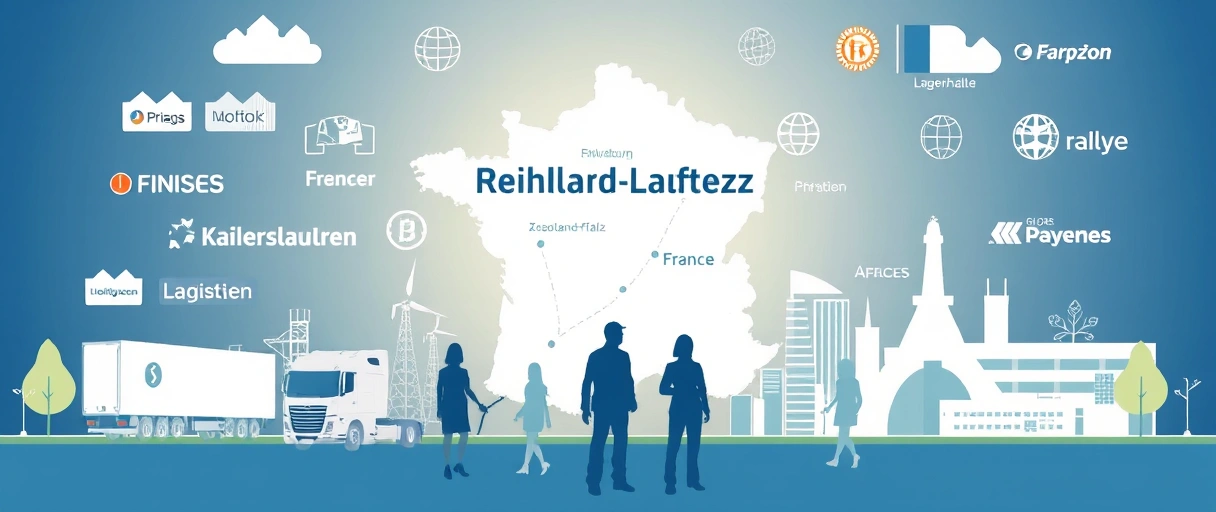 Ein Bild mit einer Karte von Rheinland-Pfalz, die Kaiserslautern im Zentrum und Frankreich im Hintergrund zeigt, umgeben von Logistiksymbolen wie LKWs, Lagerhallen und globalen Firmenlogos. Im Vordergrund sind stilisierte Figuren, die Karrieremöglichkeiten in einer modernen, dynamischen Stadtlandschaft symbolisieren.