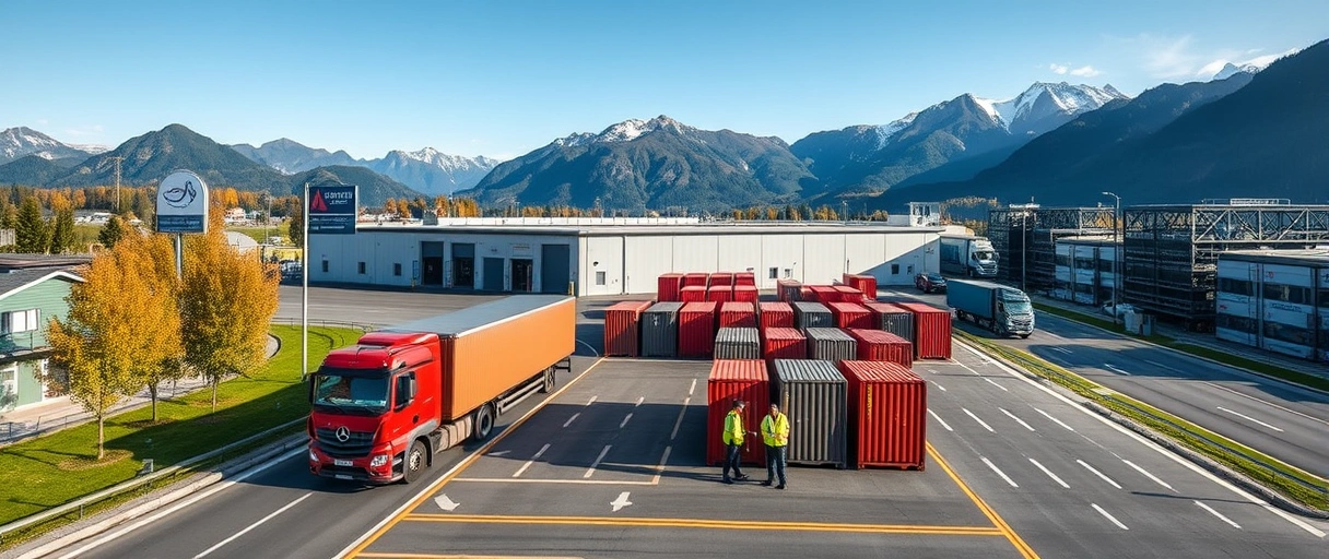 Das Bild zeigt ein modernes Logistikzentrum mit LKWs und Lagerhallen vor alpiner Landschaft im Kanton Luzern. Im Vordergrund arbeiten Mitarbeiter in Sicherheitswesten an der Verladung von Containern, umgeben von einem dichten Netz aus Autobahnen und Schienen.