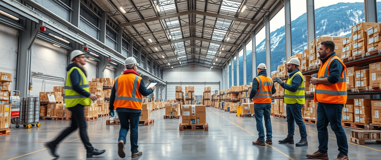 Ein dynamisches Bild zeigt eine moderne Lagerhalle im Kanton Zug mit Mitarbeitern in Sicherheitskleidung, die Waren mit Gabelstaplern transportieren und digitale Geräte nutzen, vor einer Bergkulisse. Im Vordergrund sind Teamarbeit und effiziente Logistikprozesse zu sehen, ohne Text oder Schriftzüge.