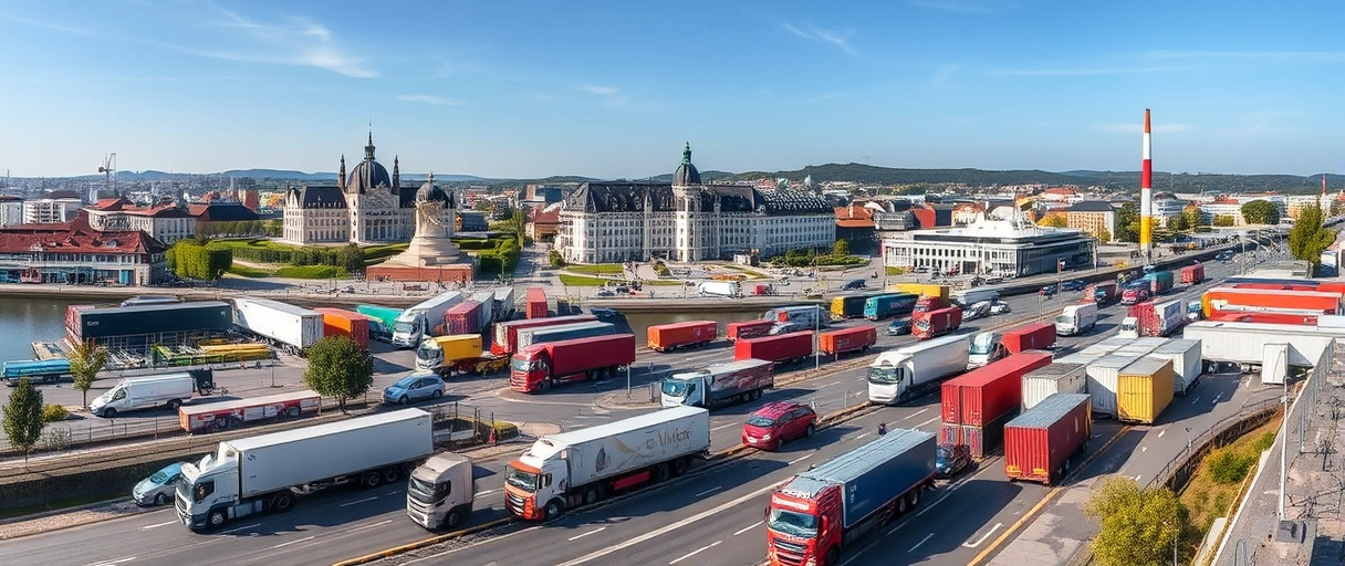 Das Bild zeigt eine panoramische Ansicht Karlsruhes mit ikonischen Gebäuden wie dem Schloss, umgeben von Logistikzentren, Lkw, Zügen und Containern am Rheinhafen. Im Vordergrund sind dynamische Transportnetzwerke sowie Mitarbeiter in Arbeitskleidung zu sehen, die die pulsierende Logistikbranche symbolisieren.