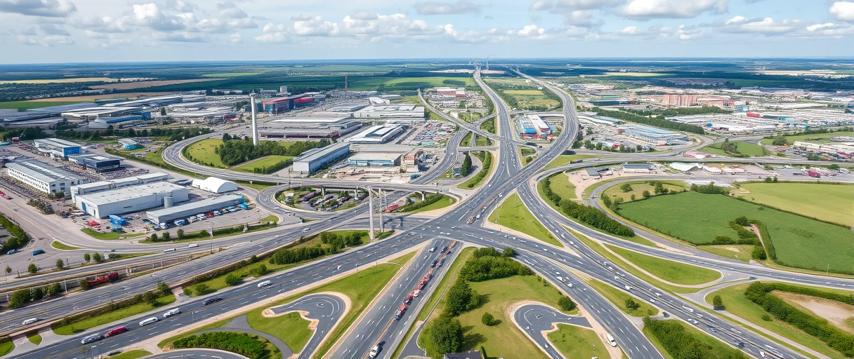 Ein Bild zeigt eine moderne Stadtlandschaft von Kassel mit einem Netzwerk aus Autobahnen, umgeben von LKWs, Lagerhallen und Symbolen verschiedener Industrien wie Automobilbau und E-Commerce. Die zentrale Lage der Stadt wird durch eine hervorgehobene Position auf einer Deutschlandkarte mit Straßenverbindungen in alle Himmelsrichtungen betont.