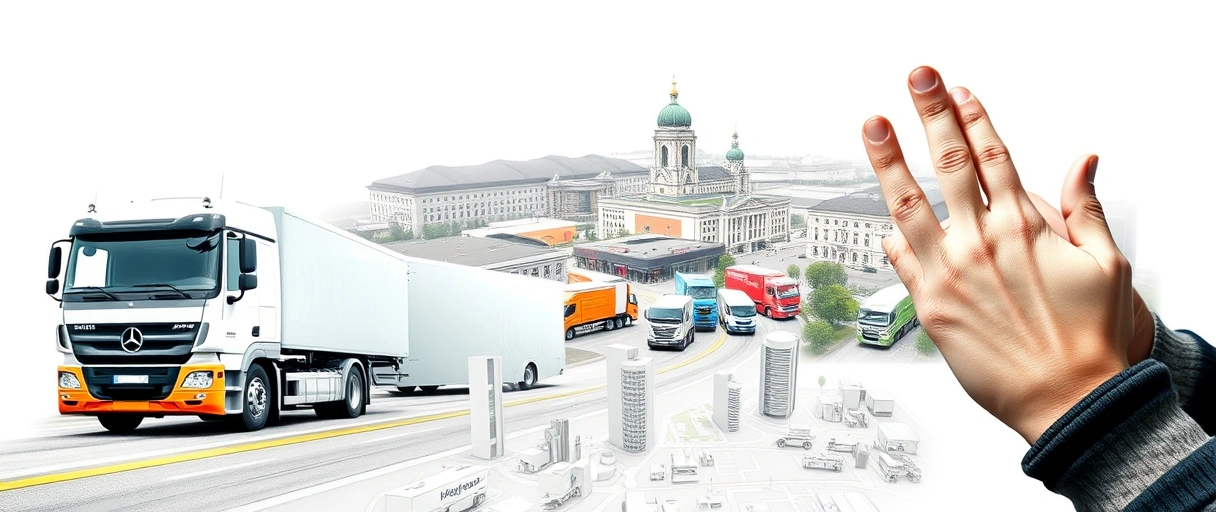 Ein modernes, textfreies Bild zeigt eine Collage aus Logistiksymbolen wie LKWs, Lagerhallen und einem stiliserten Stadtplan von Kempten, kombiniert mit Bewerbungselementen wie einem Lebenslauf und einem Händedruck zur Jobvermittlung.