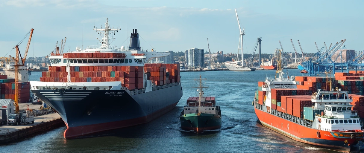 Ein dynamischer Hafen in Kiel mit Frachtschiffen, Kränen und Lastwagen, die Container verladen, vor der Kulisse der Stadt. Die geschäftige Atmosphäre unterstreicht die Bedeutung des Logistiksektors in der Region.
