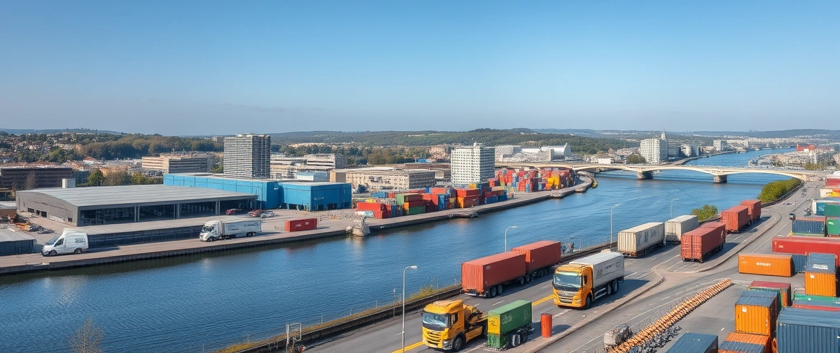 Ein Panorama der Stadt Koblenz mit dem Rhein im Vordergrund, umgeben von Lagerhallen, LKWs und Arbeitern beim Verladen von Containern, symbolisch für die dynamische Logistikbranche in der Region. Im Hintergrund sind moderne Bürogebäude und ein Netz aus Transportwegen zu sehen, die die vielfältigen Jobmöglichkeiten verdeutlichen.