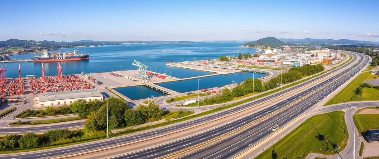 Ein Panoramablick auf Konstanz am Bodensee mit Hafen, Containerschiffen und Lastwagen auf nahen Autobahnen, umgeben von Lagerhallen und Verkehrsinfrastruktur. Die Szene verbindet die malerische Seenlandschaft mit lebhafter Logistikaktivität im Grenzgebiet zur Schweiz.