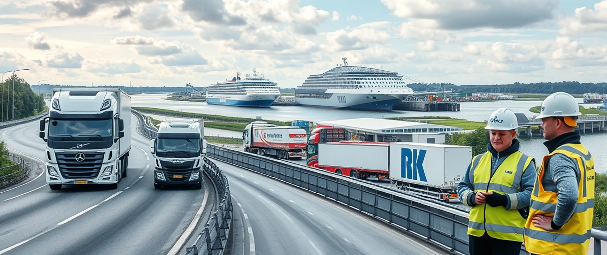 Ein Bild mit einer Collage aus LKWs auf der Autobahn, Schiffen auf dem Rhein, modernen Logistikzentren und Mitarbeitern in Sicherheitswesten, die Krefelds Rolle als Verkehrsknotenpunkt und Logistikstandort symbolisiert.