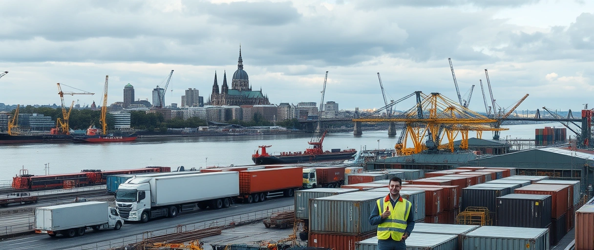 Ein Panorama der Kölner Skyline mit dem Dom im Hintergrund, verbunden durch den Rhein mit einem lebhaften Hafen, LKWs, Zügen und Lagerhallen, wo Arbeiter in Sicherheitswesten mit Frachtcontainern und digitalen Tablets interagieren.
