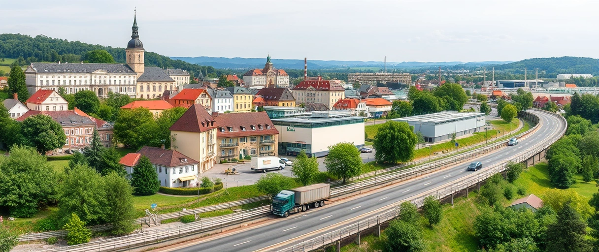 Ein Panorama der Landshuter Altstadt mit historischen Gebäuden im Hintergrund, davor moderne Logistikzentren, LKWs auf der Autobahn A92 und Industriegebäude, eingebettet in eine grüne Landschaft. Die Szene zeigt die Verbindung von traditionellem Charme und industrieller Dynamik ohne Textelemente.