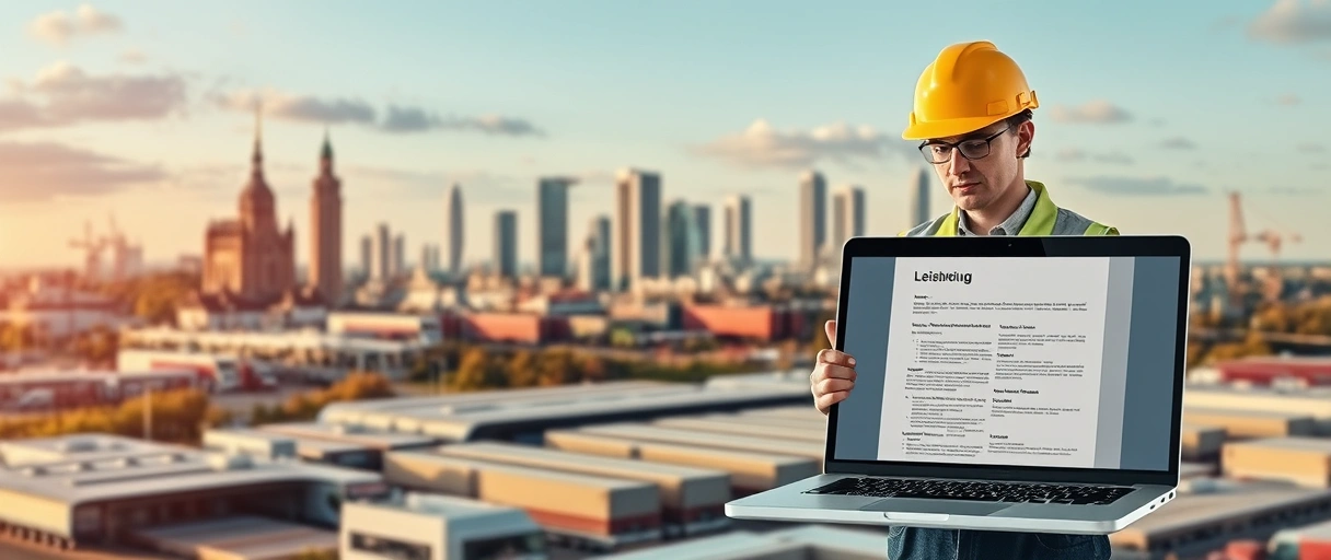 Ein dynamisches Bild zeigt die Leipziger Skyline mit Logistikzentren, Lkw und Mitarbeitern in Sicherheitswesten, während eine Person symbolisch einen Lebenslauf überreicht. Im Vordergrund sind moderne Lagerhallen und ein Laptop mit einer Bewerbungsseite zu sehen.