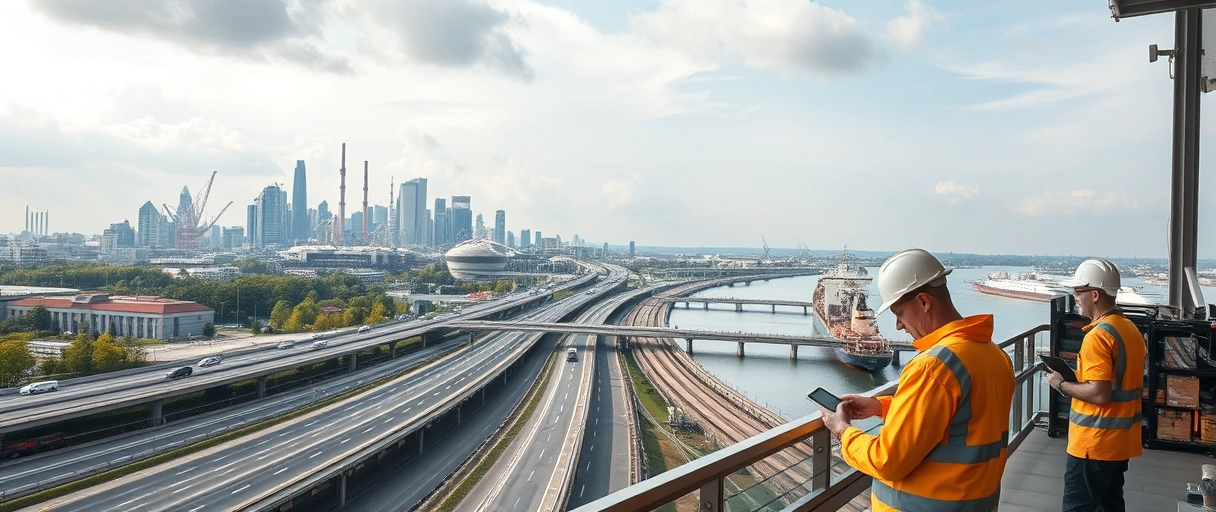Das Bild zeigt eine städtische Skyline mit Industrieanlagen, umgeben von Autobahnen, Schienen und einem Fluss mit Frachtschiffen, während Arbeiter in einer Lagerhalle mit Tablets oder Checklisten interagieren. Die Szene symbolisiert Leverkusens strategische Infrastruktur und dynamische Logistikbranche.