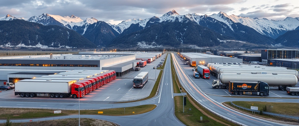 Ein Logistikzentrum mit LKWs und Lagerhallen vor alpiner Bergkulisse, umgeben von modernen Firmengebäuden internationaler Unternehmen. Im Vordergrund vernetzte Transportrouten, die die strategische Lage zwischen Schweiz und Österreich symbolisieren.