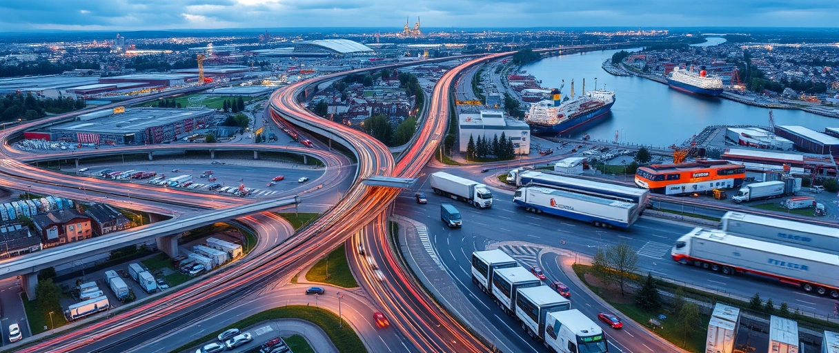 Ein dynamisches Stadtpanorama von Linz mit der Donau, Autobahnen, Schienen und dem Hafen, umgeben von LKWs, Frachtschiffen, Lagerhallen sowie Industrieanlagen der Automobil- und Stahlbranche, während Arbeiter:innen Logistikprozesse koordinieren. Die Szene strahlt Vernetzung und geschäftiges Treiben als zentraler Wirtschaftsknotenpunkt aus.