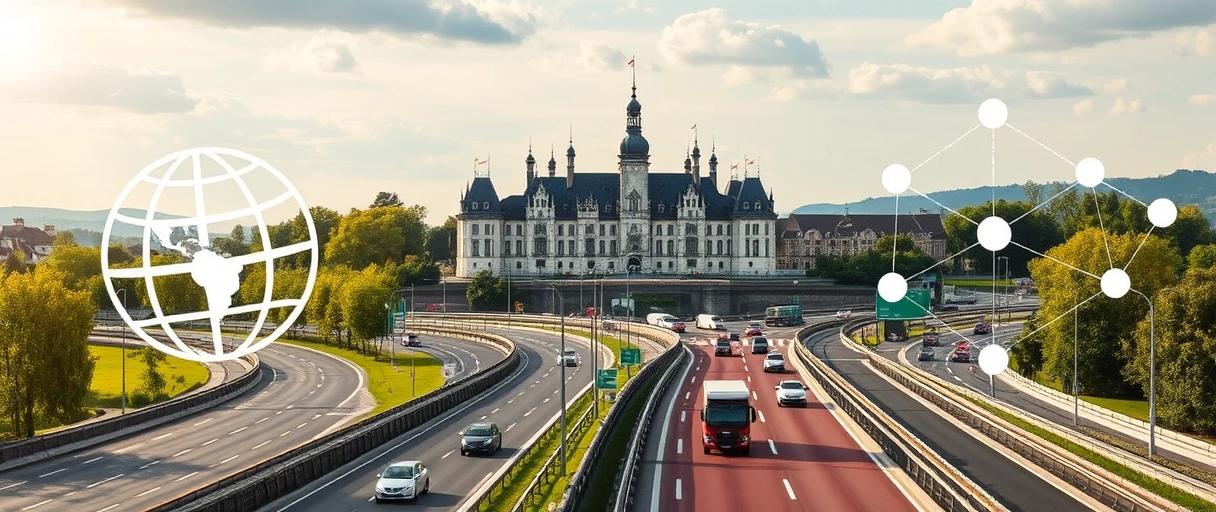 Ein Bild zeigt eine moderne Stadtkulisse Ludwigsburgs mit hervorgehobenen Autobahnen, Lkw-Verkehr und Lagerhallen im Vordergrund, während im Hintergrund das Barockschloss als ikonisches Wahrzeichen zu erkennen ist. Symbole wie Weltkugeln, Paletten und vernetzte Pfeile verdeutlichen die europäischen Transportverbindungen und dynamische Logistiknetzwerke.
