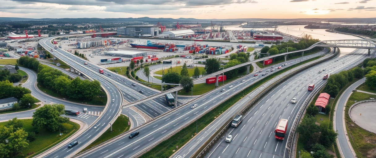 Das Bild zeigt eine dynamische Stadtansicht von Ludwigshafen mit Autobahnen, Schienen und dem Rhein, umgeben von Logistiksymbolen wie Lkws, Schiffen und Frachtcontainern. Im Hintergrund sind industrielle Anlagen und ein geschäftiger Hafen mit Kränen zu sehen, die die pulsierende Logistikbranche der Region verdeutlichen.