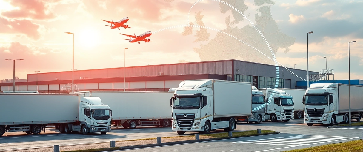 Ein modernes Logistikzentrum in Luxemburg mit LKWs, Flugzeugen und einem europäischen Kartenhintergrund, umgeben von digitalen Technologieelementen wie Datenströmen oder Robotern. Die Szene symbolisiert effiziente Lieferketten und innovative Infrastruktur im Herzen Europas.