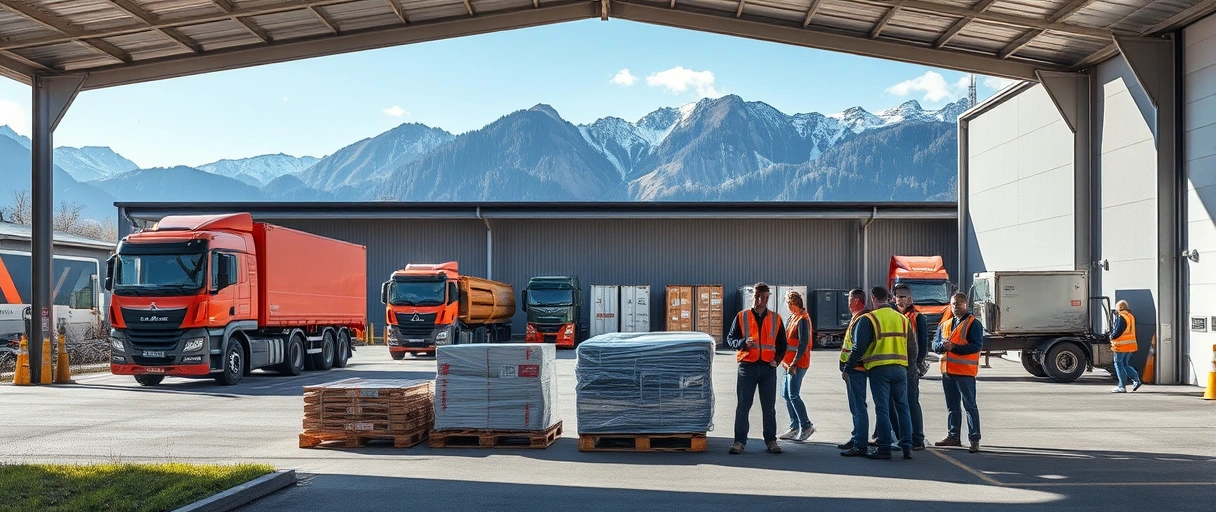 Ein Bild zeigt eine moderne Lagerhalle mit LKWs und Mitarbeitenden in Sicherheitswesten vor der Kulisse der Luzerner Berglandschaft. Im Vordergrund sind Paletten und ein Team bei der Koordination von Lieferungen zu sehen.