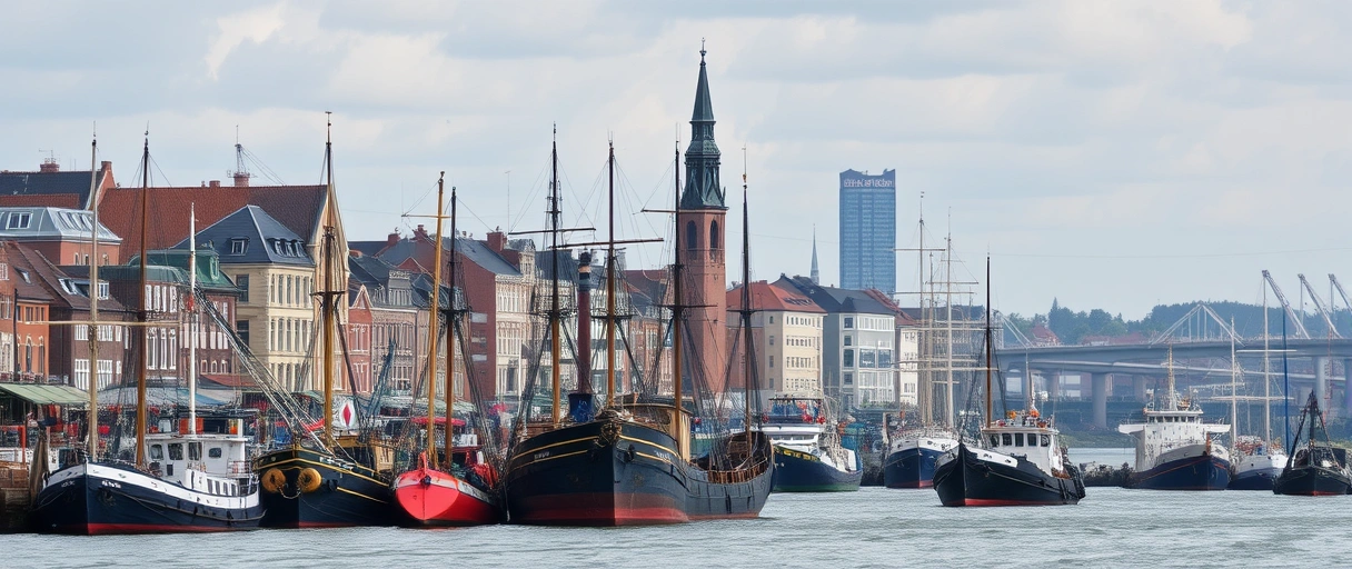 Das Bild zeigt den Hafen Lübecks mit Frachtschiffen, Kränen und LKWs vor der Kulisse der historischen Altstadt. Im Hintergrund sind moderne Logistikzentren und Verkehrswege zu sehen, die die Verbindung von maritimer Tradition und heutiger Wirtschaftskraft symbolisieren.