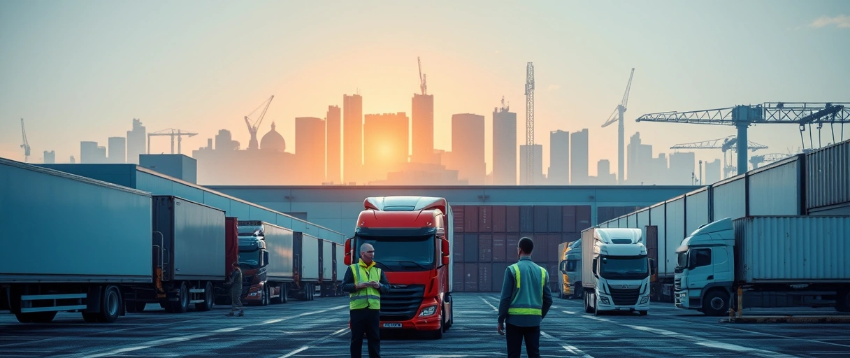 Das Bild zeigt ein modernes Logistikzentrum in Magdeburg mit LKWs, Lagerhallen und automatisierten Förderbändern, vor einer Silhouette der Stadt mit industriellem Flair. Mitarbeiter in Arbeitskleidung koordinieren Lieferungen, während im Hintergrund ein Kran Container stapelt.