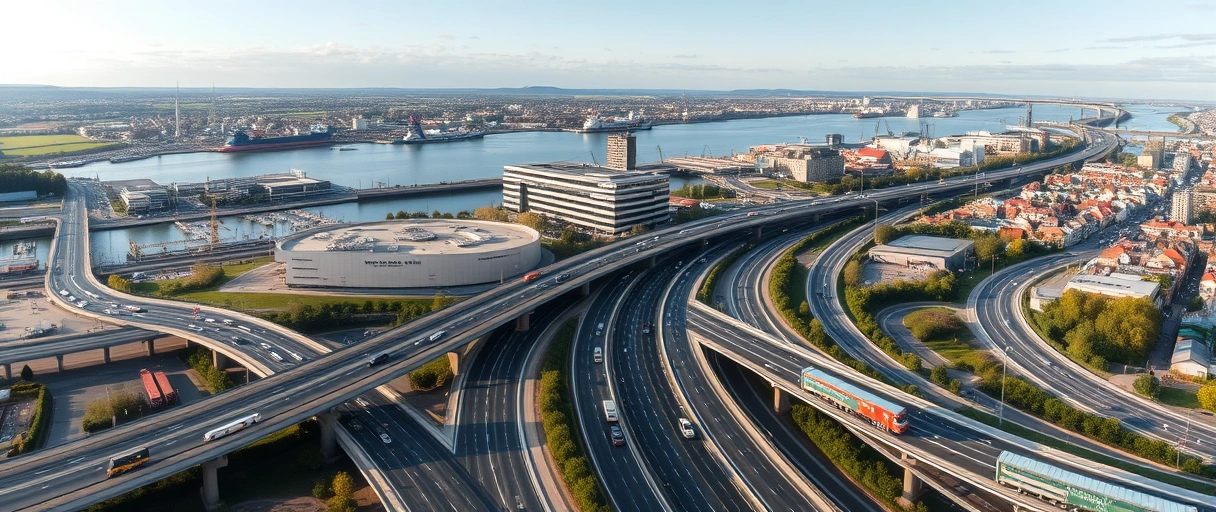 Ein Panoramablick auf Mainz mit dem Rhein, umgeben von Autobahnen, Schienen und modernen Lagerhallen, während LKWs und Frachtschiffe Waren transportieren. Im Hintergrund sind verteilte Logistikzentren und ein geschäftiger Hafen zu sehen, die die verkehrsgünstige Lage der Stadt unterstreichen.