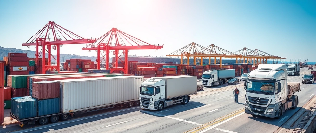 Ein Bild zeigt eine belebtes Hafenareal mit Containern, Lagerhallen im Hintergrund und einem Transport-LKW vor azurblauem Himmel, während Arbeiter in Sicherheitswesten Güter organisieren. Die sonnenbeschienene Küste Mallorcas unterstreicht die dynamische Logistikbranche der Insel.