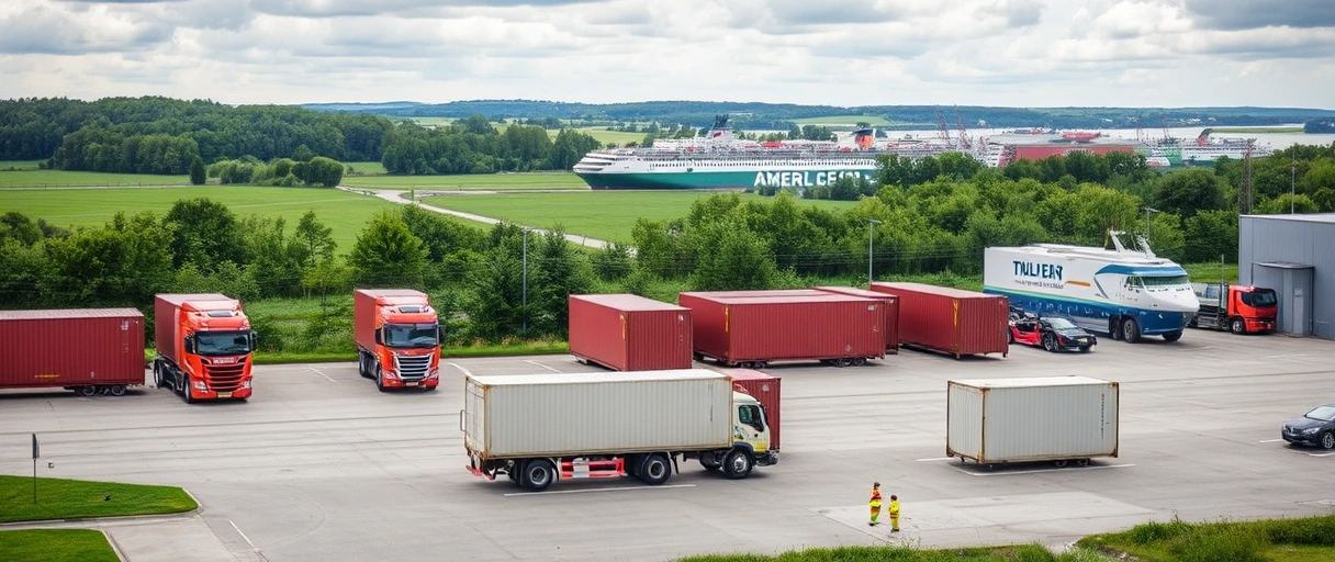 Das Bild zeigt ein modernes Logistikzentrum mit LKWs und Containern vor der Kulisse der grünen Landschaft Mecklenburg-Vorpommerns, während Mitarbeiter in Arbeitskleidung Waren koordinieren. Im Hintergrund veranschaulichen Schiffe auf einem Hafen die verkehrsgünstige Küstenlage der Region.
