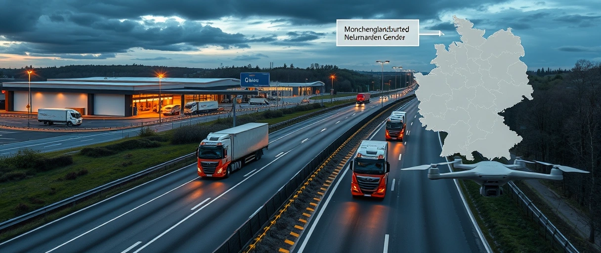 Ein Bild zeigt eine moderne Logistikzentrale mit LKWs auf der Autobahn A61, umgeben von Lagerhallen und digitalen Supply-Chain-Symbolen, vor einer Karte mit Mönchengladbachs Lage nahe der niederländischen Grenze. Im Vordergrund sind vernetzte Technologieelemente wie Tablets mit Logistik-Apps oder Drohnen zur Warenauslieferung zu sehen.