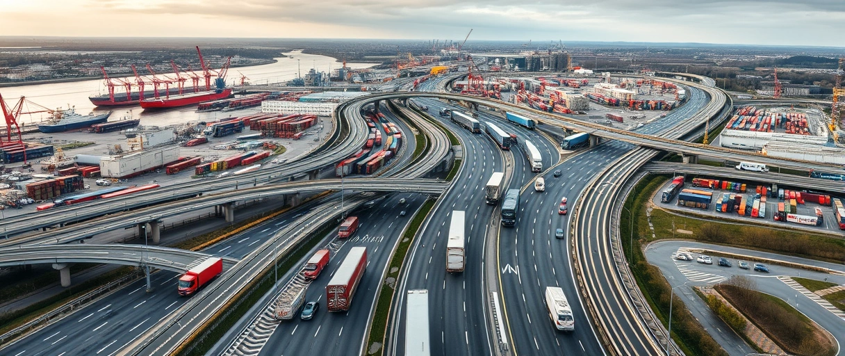Ein dynamisches Stadtpanorama von Mülheim an der Ruhr mit Hafenanlagen, Autobahnnetzen und modernen Logistikzentren, belebt durch Lastwagen, Schiffe und Mitarbeitende in Sicherheitskleidung, die Warenströme koordinieren. Die Szene betont die verkehrsgünstige Lage und industrielle Aktivität ohne sichtbaren Text.