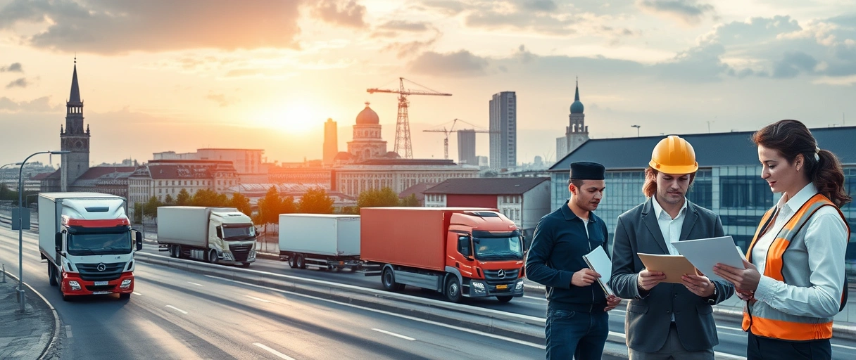 Ein dynamisches Stadtbild von Münster mit Logistik-Symbolen wie LKWs, Lagerhallen und vernetzten Globen, kombiniert mit professionellen Figuren bei der Arbeit und Bewerbungsaktivitäten wie Dokumenten oder Händedruck. Die Szene vermittelt Karrieremöglichkeiten und moderne Arbeitsprozesse in der Branche.