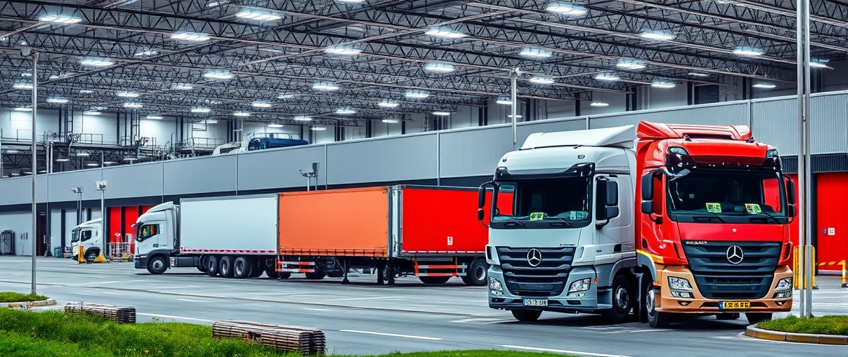 Ein Bild zeigt Industriegebäude und Lagerhallen in Neuss mit LKWs im Vordergrund, die Waren transportieren. Im Hintergrund arbeiten Mitarbeiter in Sicherheitswesten in einem modernen Logistikzentrum.