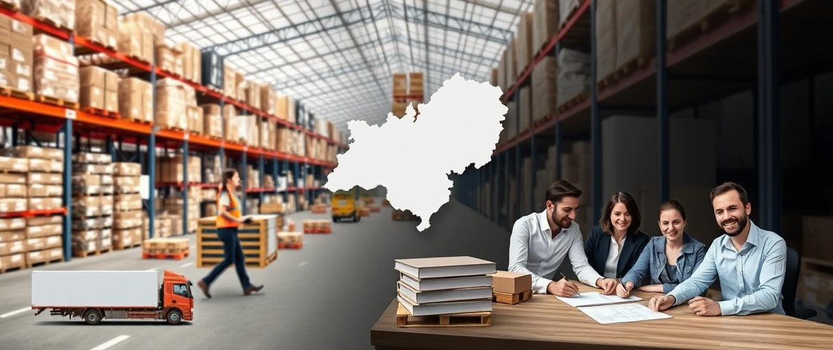 Ein dynamisches Lagerhaus in Niederösterreich mit Mitarbeitern, die Paletten transportieren und Tablets bedienen, im Hintergrund eine stilisierte Landkarte der Region sowie Bewerbungsunterlagen auf einem Schreibtisch. Symbole wie Lastwagen, Verpackungsmaterial und ein freundliches Team vermitteln die Vielfalt der Logistikbranche und Karrieremöglichkeiten.