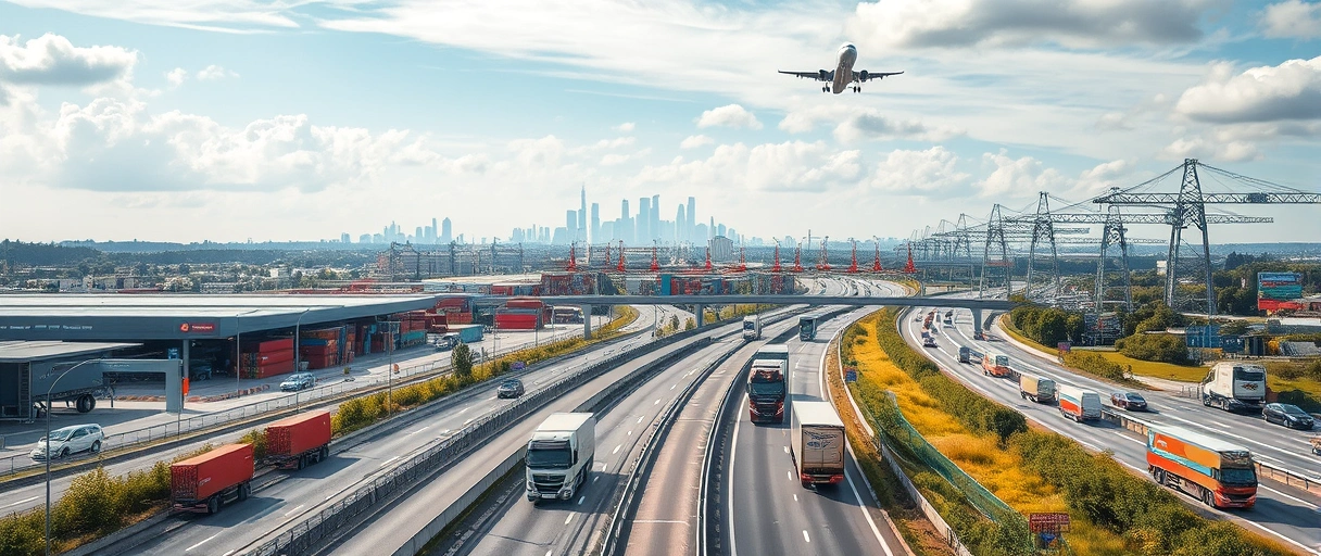 Ein Bild zeigt eine moderne Stadtlandschaft mit Logistikzentren, Autobahnen, LKWs und Containern im Vordergrund, im Hintergrund sind Flugzeuge am Himmel und eine Skyline in der Ferne zu erkennen. Die dynamische Szenerie unterstreicht die verkehrsgünstige Lage und die vielfältigen Berufschancen in der Logistikbranche.