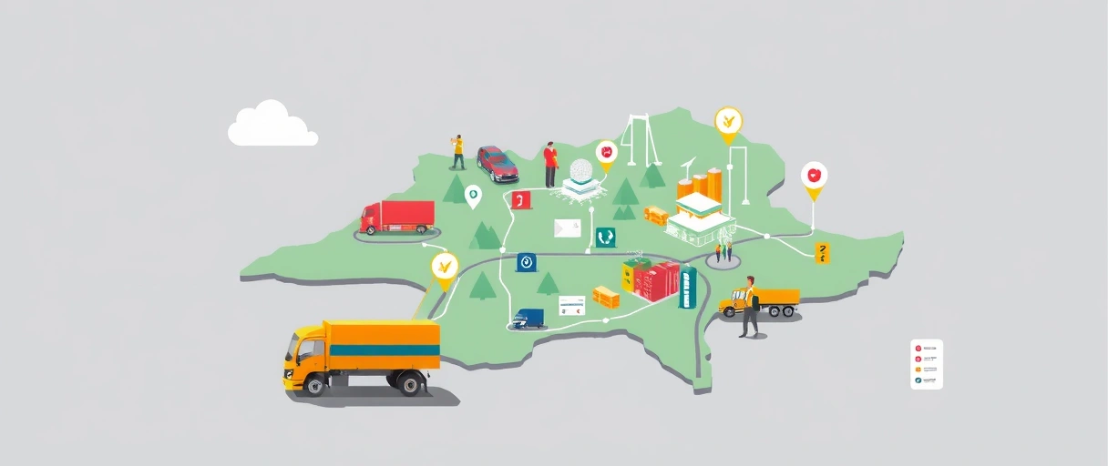 Ein dynamisches Bild zeigt eine stilisierte Landkarte von Nordrhein-Westfalen mit Logistik-Symbolen wie LKWs, Lagerhallen und Lieferketten, umgeben von motivierten Fachkräften und Bewerbungsunterlagen. Die Szene vermittelt Modernität und Karrierechancen durch klare Farben und vernetzte Elemente.