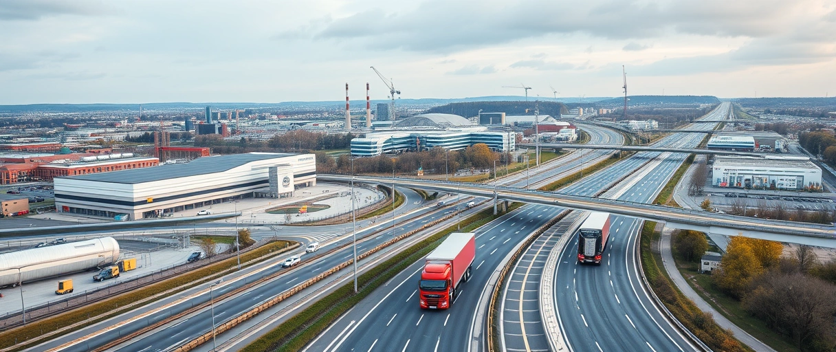 Ein dynamisches Stadtpanorama Nürnbergs mit Logistikzentren, LKWs auf Autobahnen und Fachkräften in modernen Lagerhallen, umgeben von Verkehrsachsen und Industriegebieten. Die Szene symbolisiert Innovation und Vernetzung der Branche ohne sichtbaren Text.